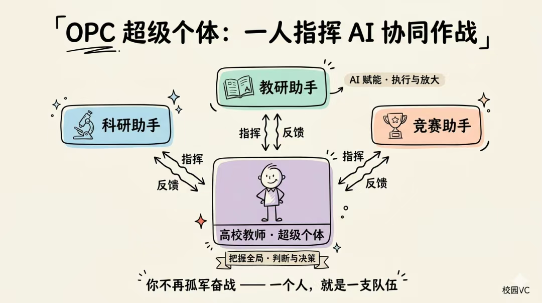 OPC 超级个体：一人指挥 AI 协同作战 · 科研助手、教研助手、竞赛助手三位一体